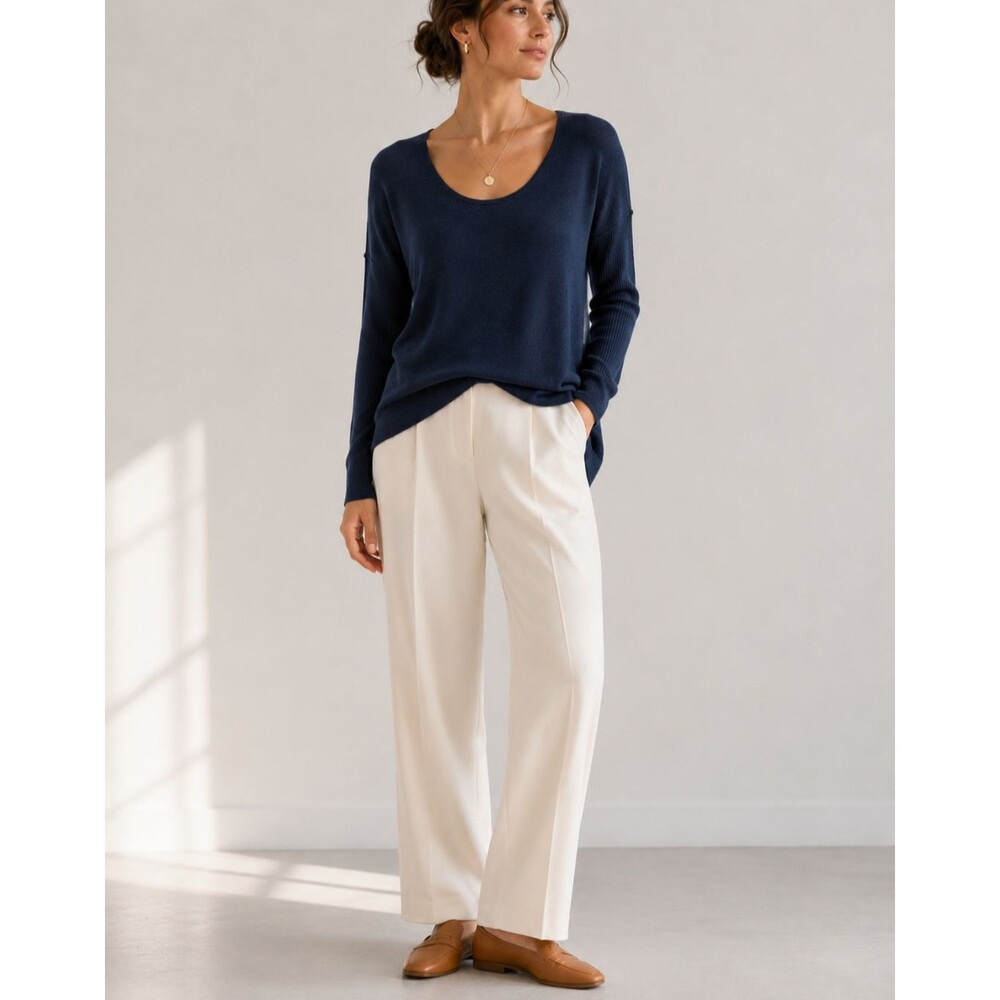 Elie Tahari Cashmere Silk Sweater Navy Scoop Neck Lightweight Luxury Sz XS